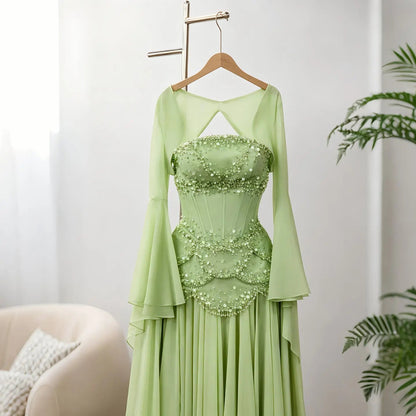 Luxury Pearls Tassel Blue and Yellow Evening Dress with Flowing Sleeves SS286