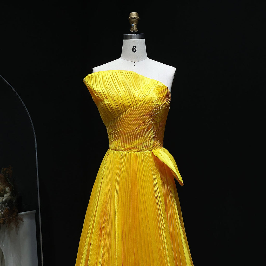 Luxury Gold Strapless A-Line Ruffles Evening Dress SF060