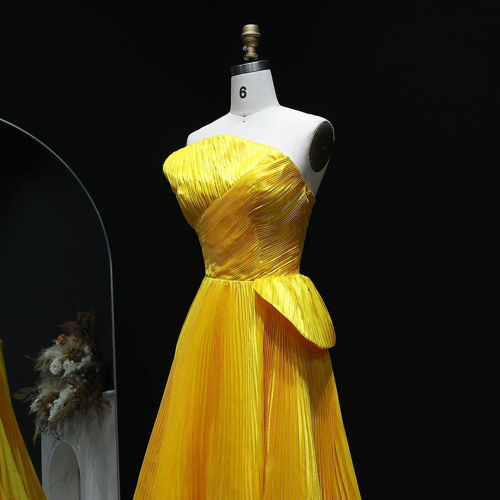 Luxury Gold Strapless A-Line Ruffles Evening Dress SF060