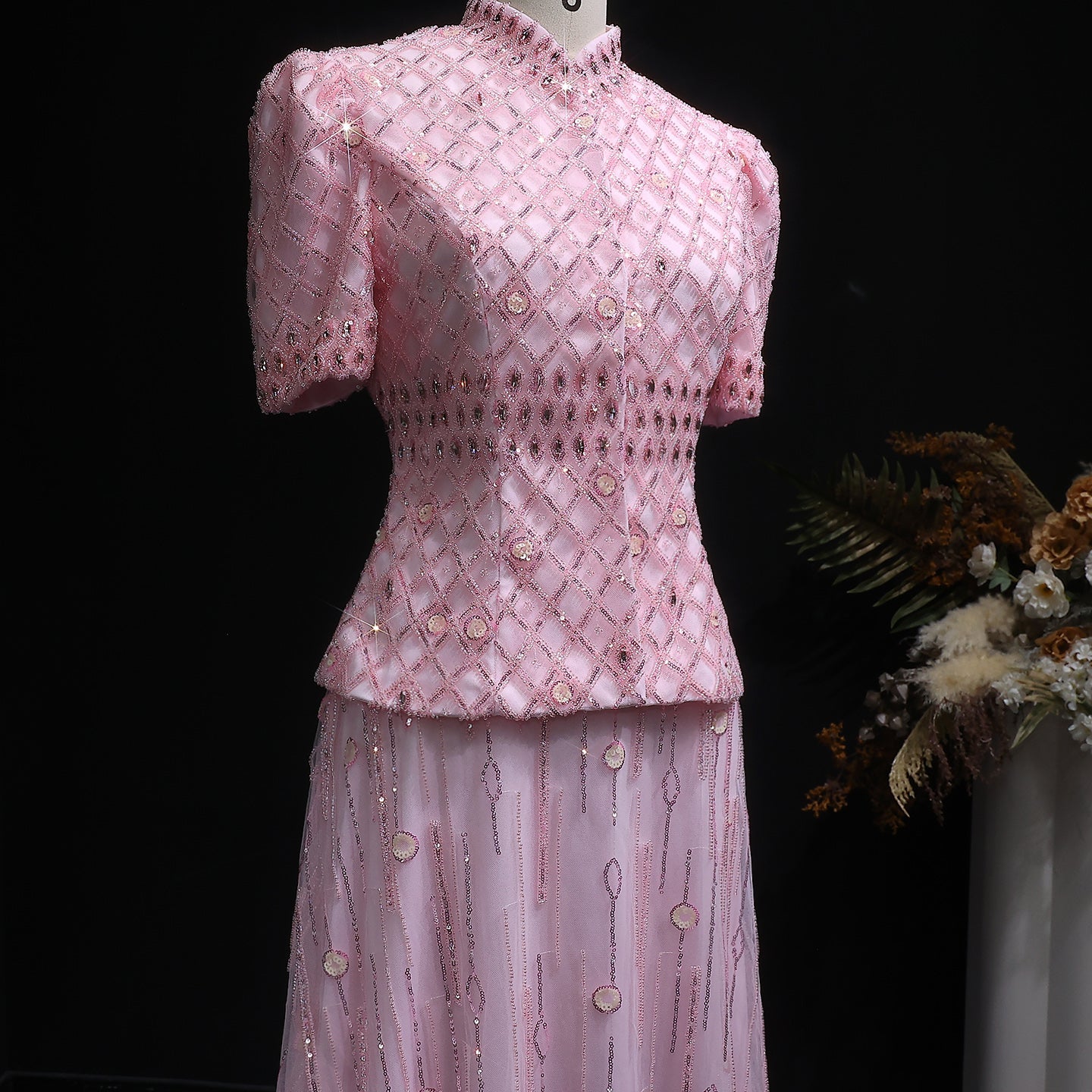 Elegant Pink Crystal Two-Piece Formal Evening Dress SS546
