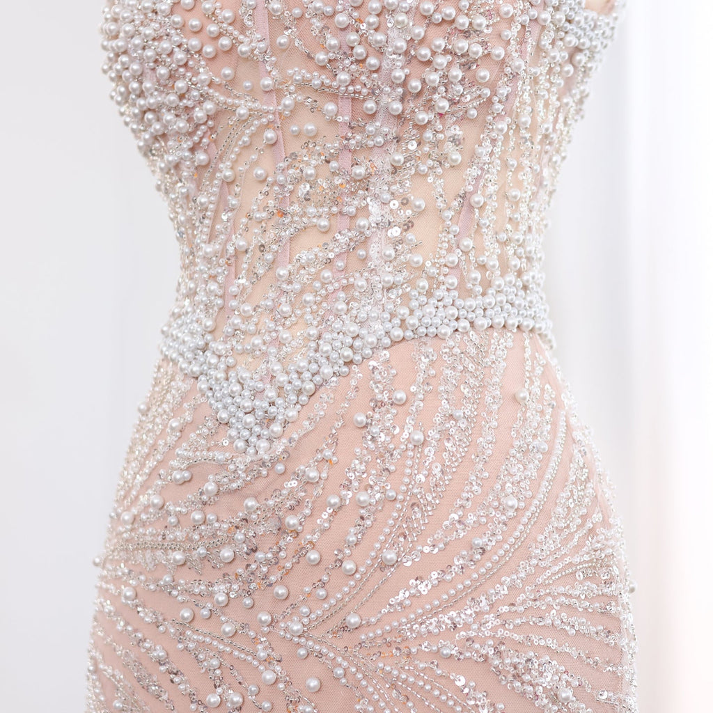Elegant Mermaid White Nude Pearls Evening Dress SS706