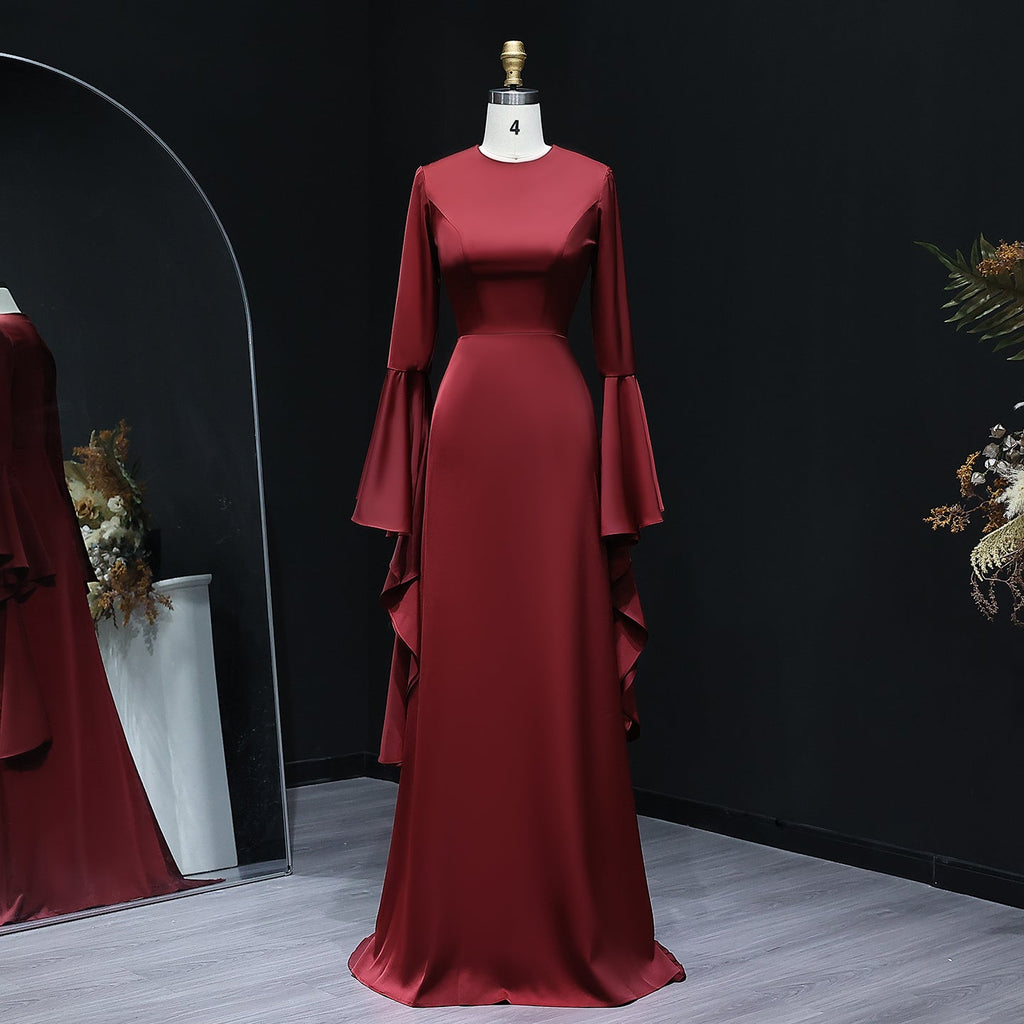 Elegant O-Neck Burgundy Evening Dress with Long Bell Sleeves SF584