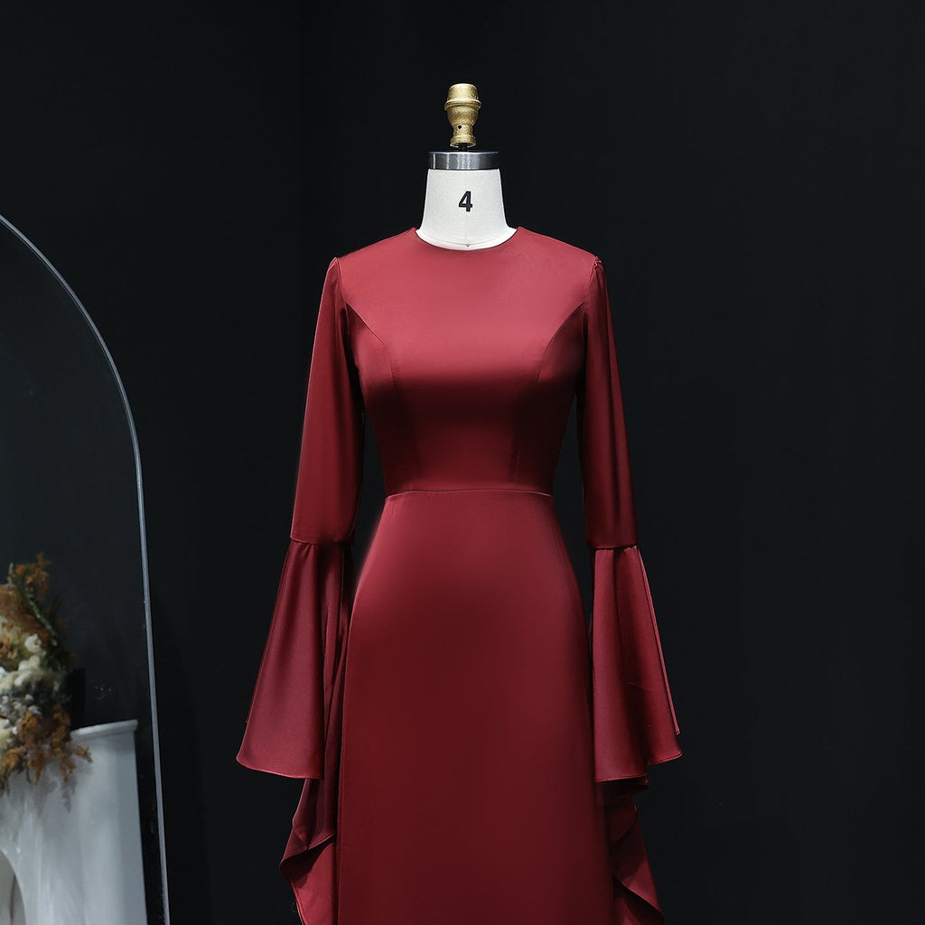 Elegant O-Neck Burgundy Evening Dress with Long Bell Sleeves SF584