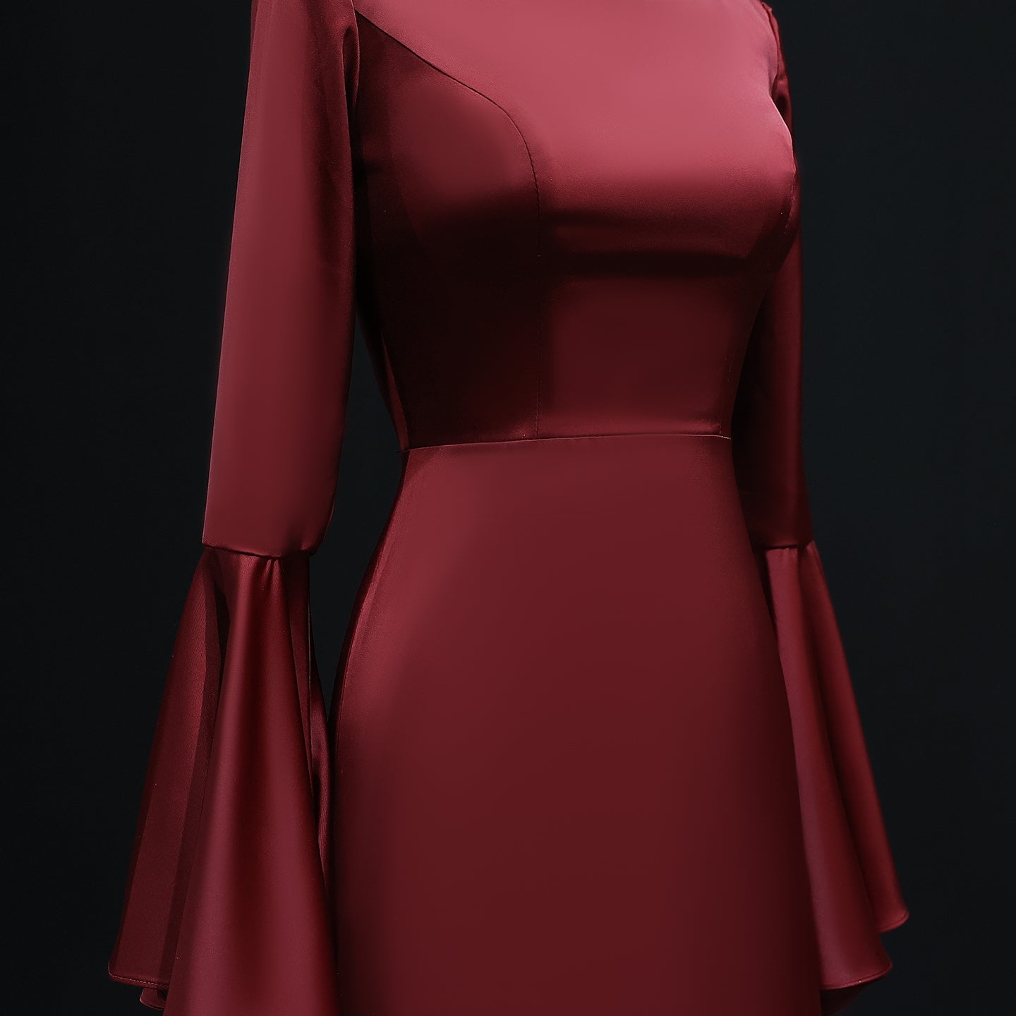 Elegant O-Neck Burgundy Evening Dress with Long Bell Sleeves SF584