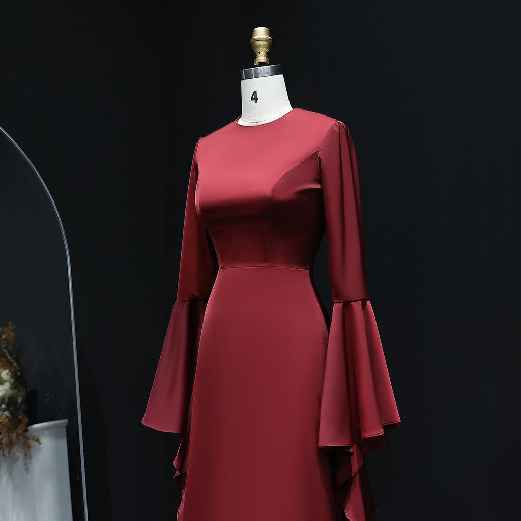 Elegant O-Neck Burgundy Evening Dress with Long Bell Sleeves SF584
