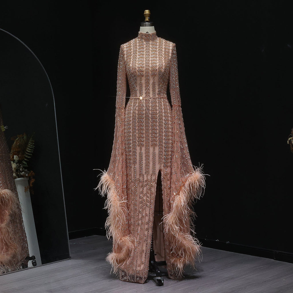 Elegant Rose Gold Evening Gown with Feathered Cape Sleeves SS788
