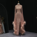 Elegant Rose Gold Evening Gown with Feathered Cape Sleeves SS788