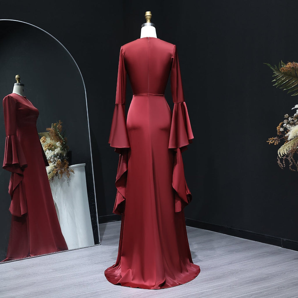 Elegant O-Neck Burgundy Evening Dress with Long Bell Sleeves SF584
