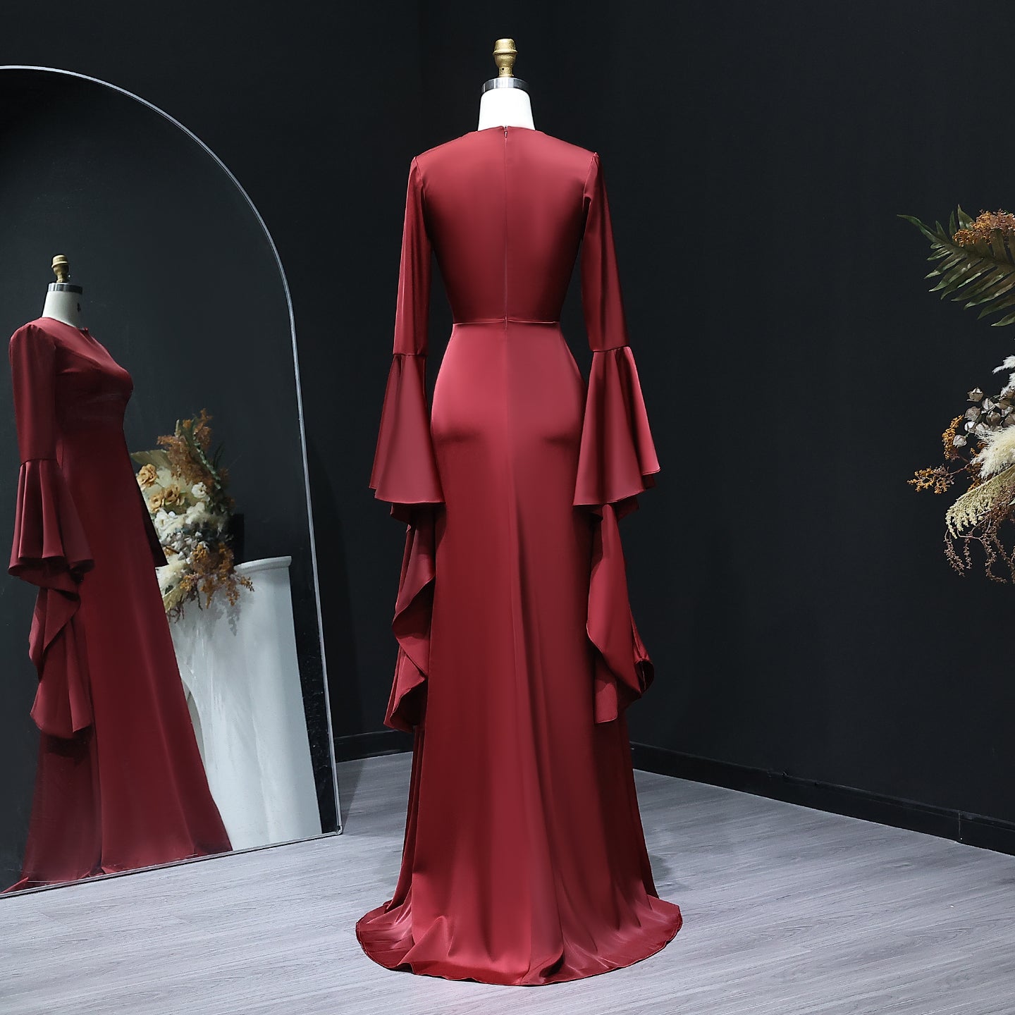 Elegant O-Neck Burgundy Evening Dress with Long Bell Sleeves SF584