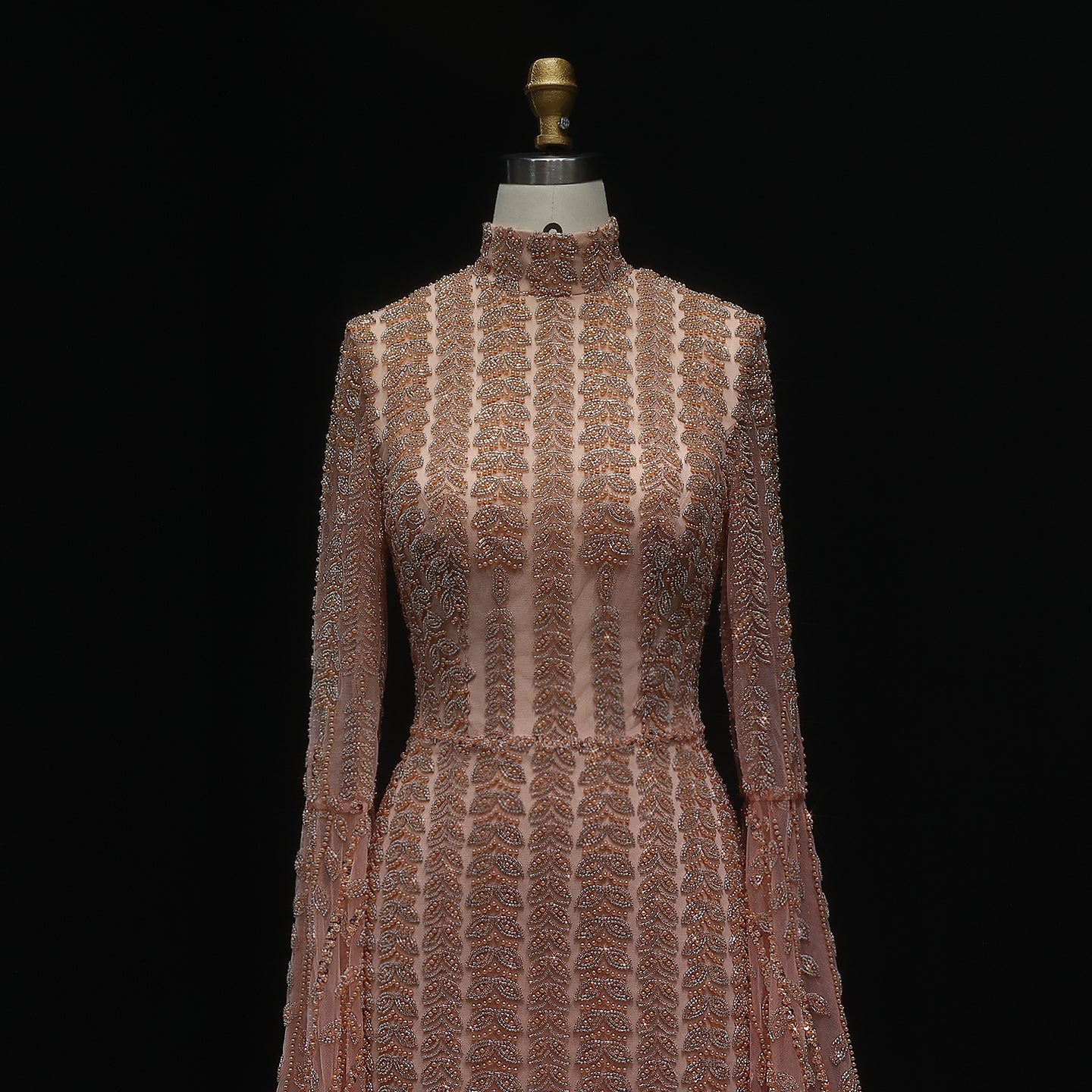 Elegant Rose Gold Evening Gown with Feathered Cape Sleeves SS788
