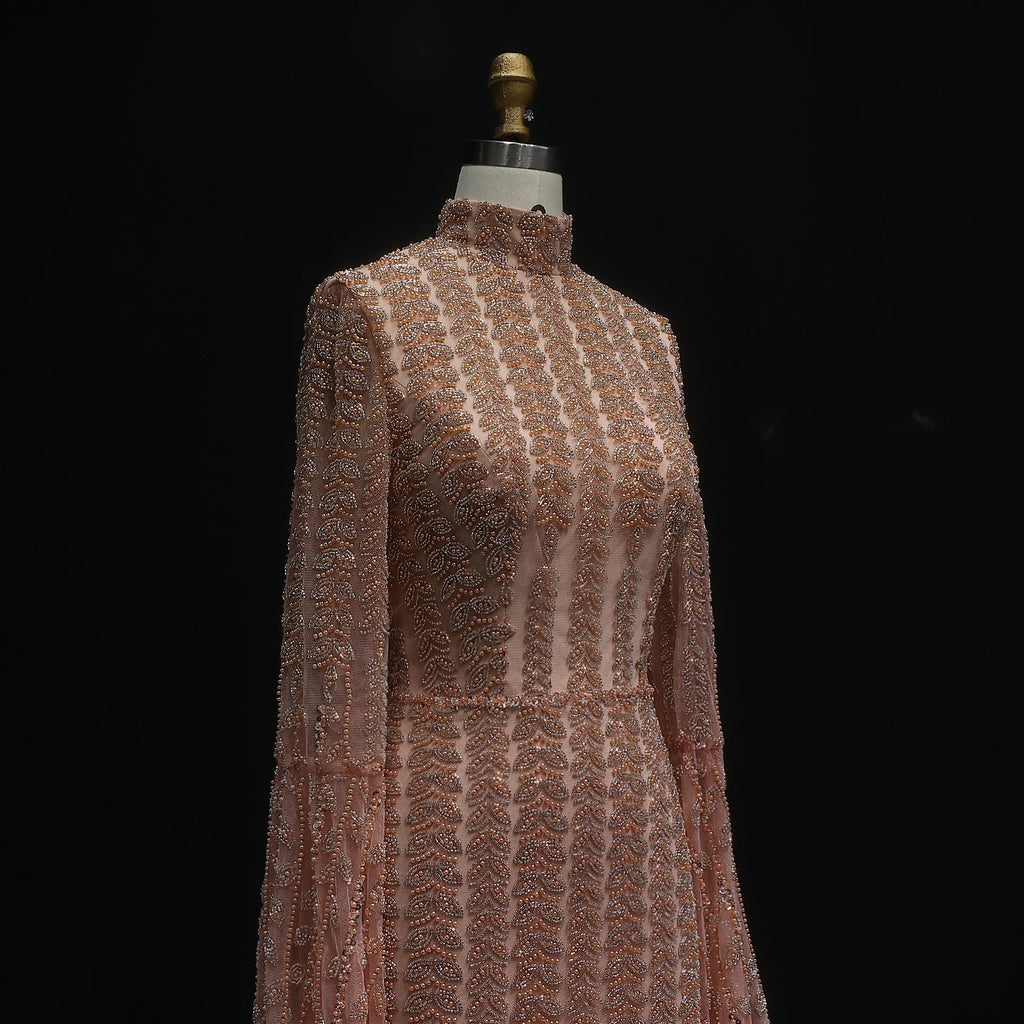Elegant Rose Gold Evening Gown with Feathered Cape Sleeves SS788