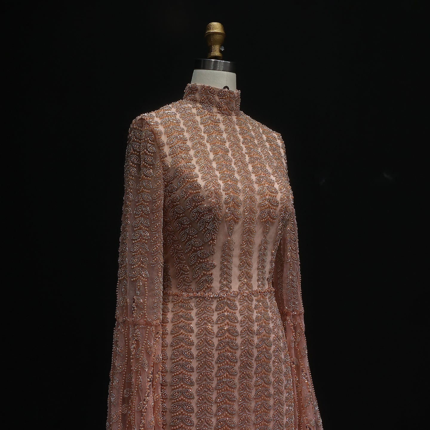 Elegant Rose Gold Evening Gown with Feathered Cape Sleeves SS788