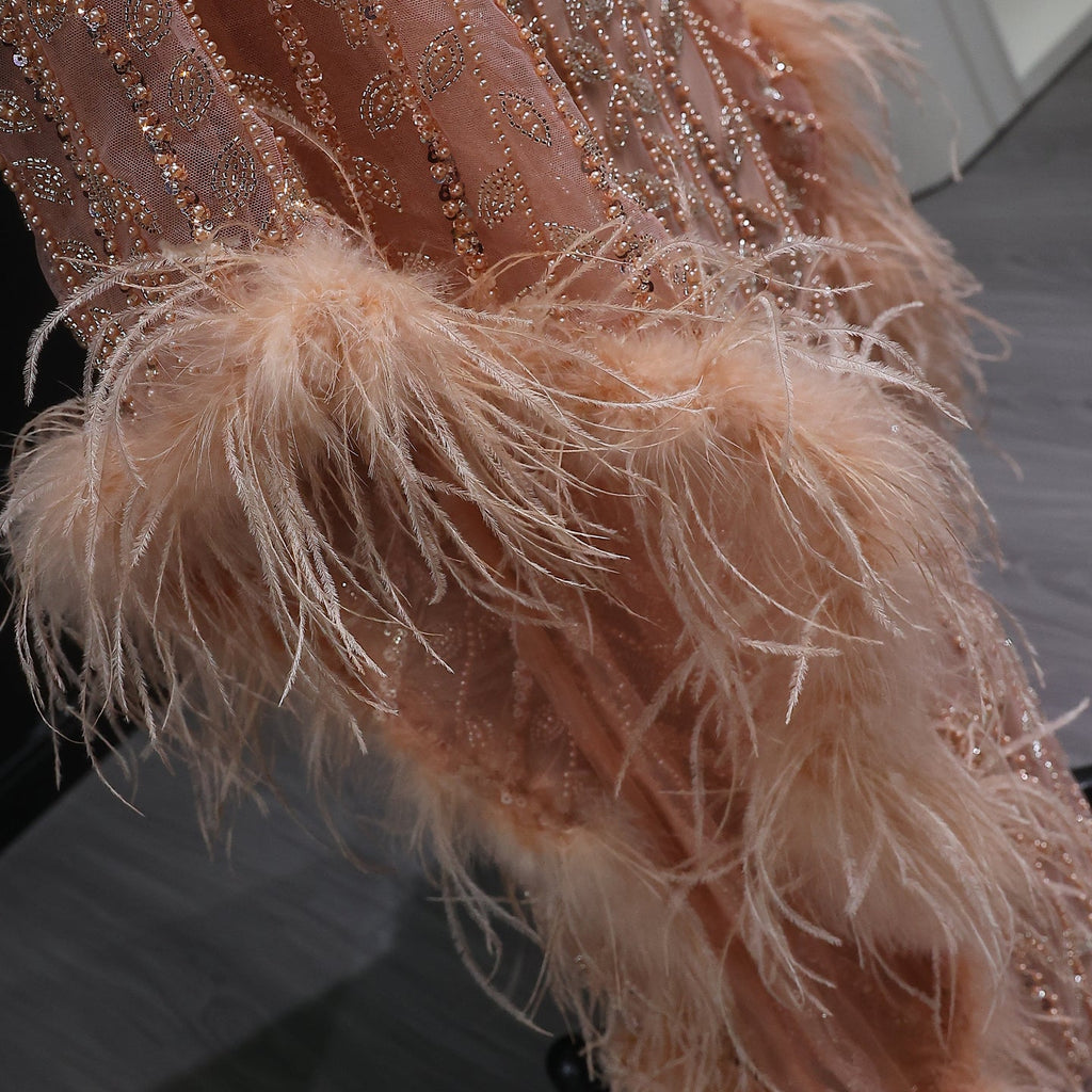 Elegant Rose Gold Evening Gown with Feathered Cape Sleeves SS788