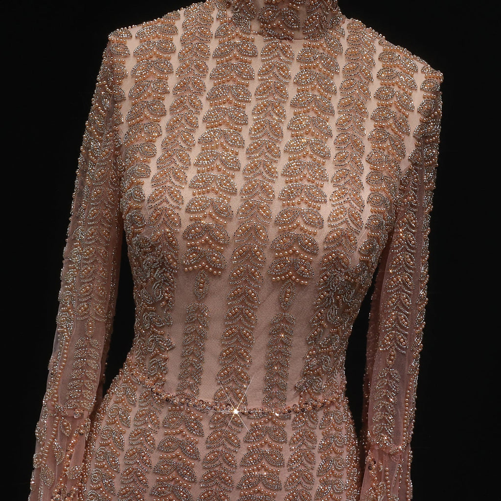 Elegant Rose Gold Evening Gown with Feathered Cape Sleeves SS788