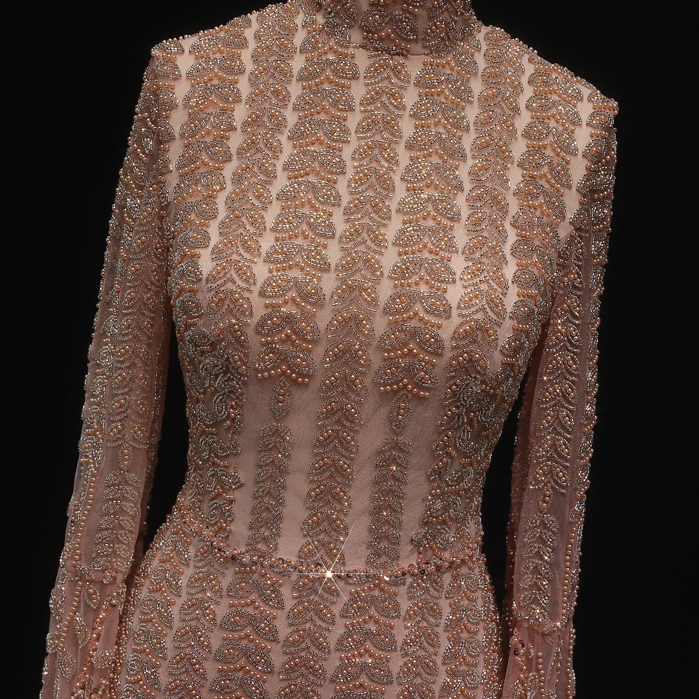 Elegant Rose Gold Evening Gown with Feathered Cape Sleeves SS788