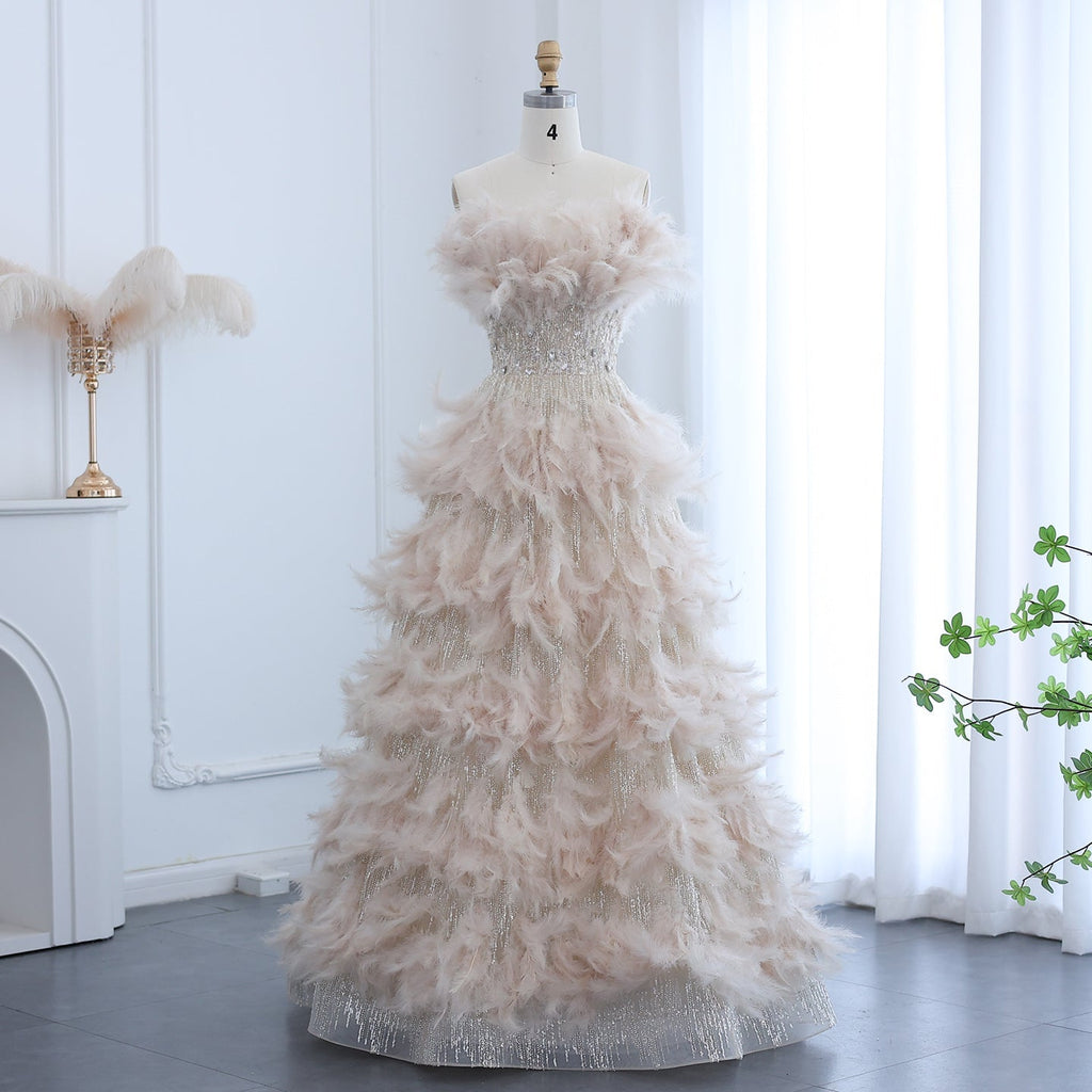 Luxury Feathers Cream A-Line Princess Ball Gown Evening Dress SS732