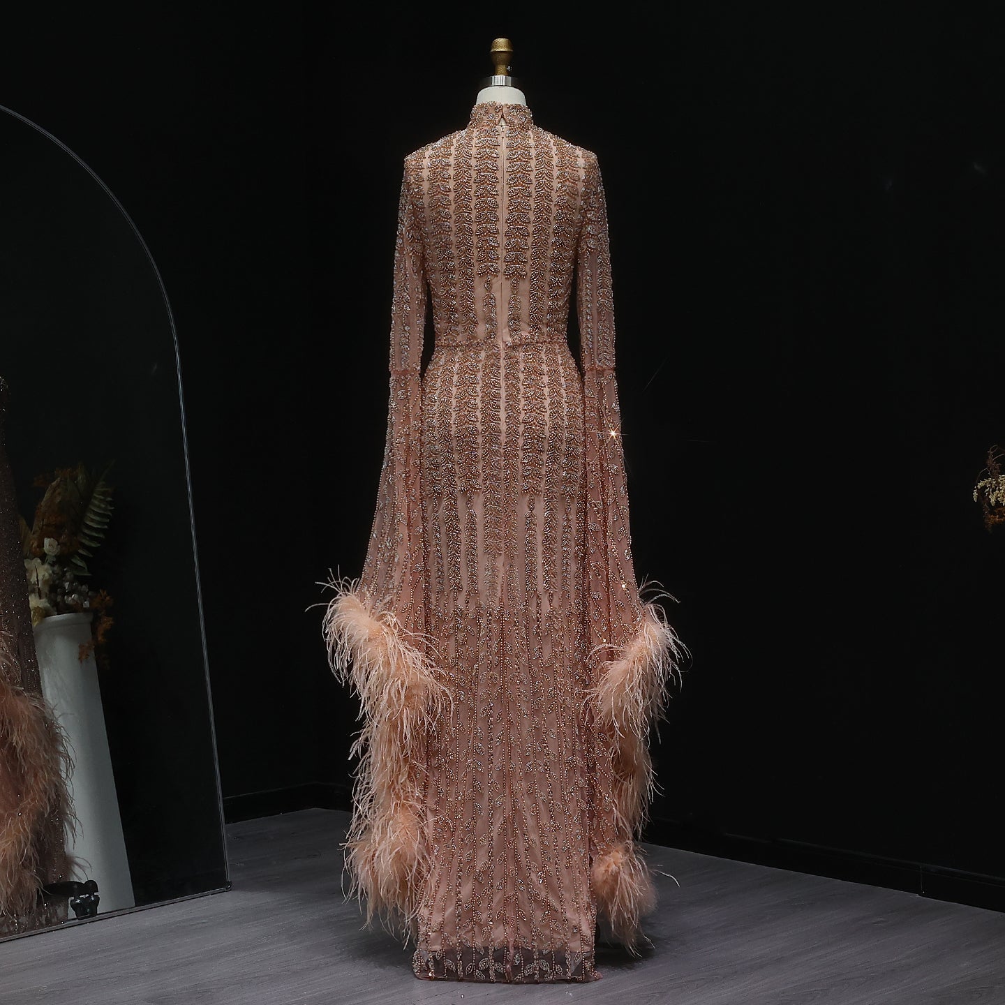 Elegant Rose Gold Evening Gown with Feathered Cape Sleeves SS788