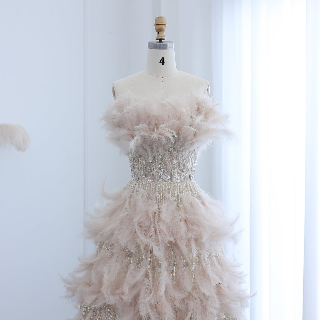 Luxury Feathers Cream A-Line Princess Ball Gown Evening Dress SS732