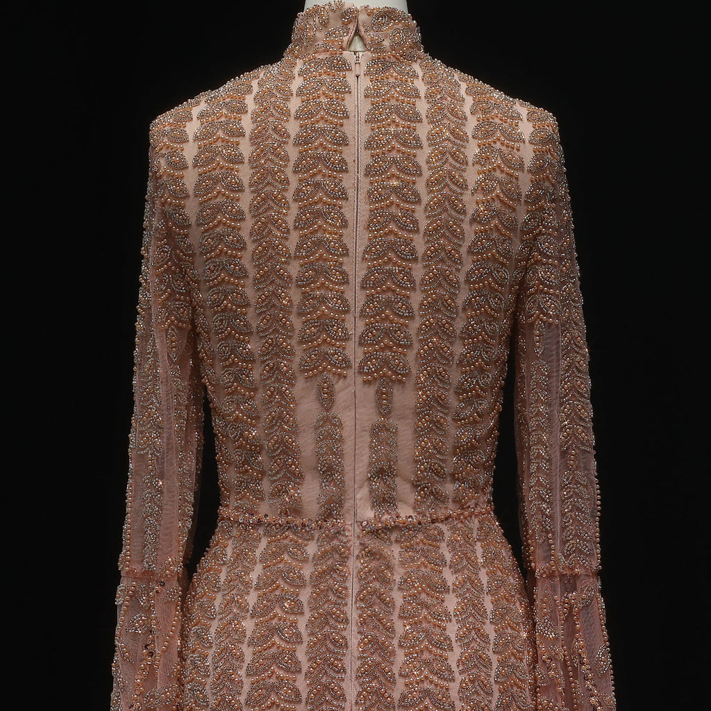 Elegant Rose Gold Evening Gown with Feathered Cape Sleeves SS788