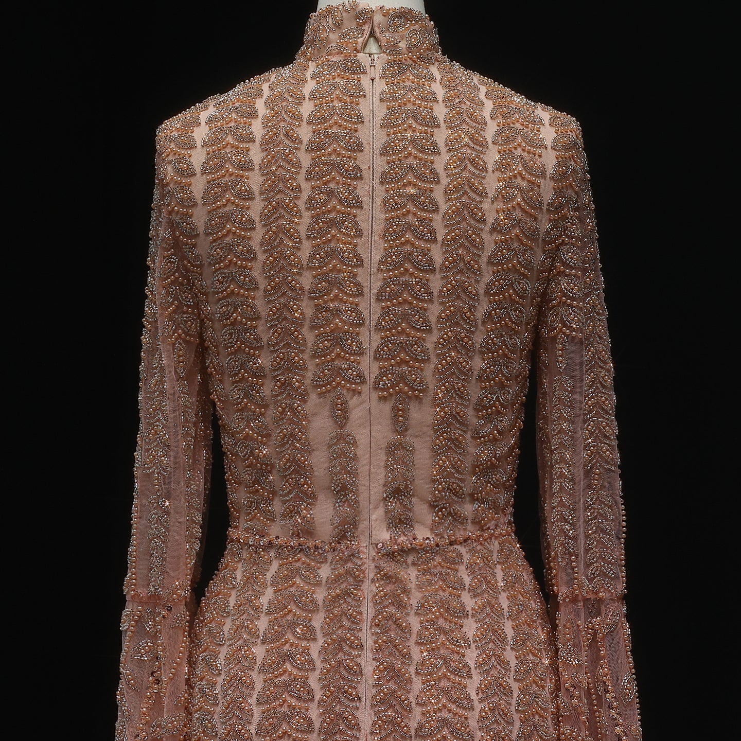 Elegant Rose Gold Evening Gown with Feathered Cape Sleeves SS788