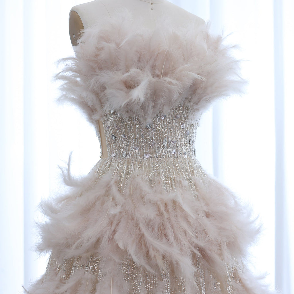Luxury Feathers Cream A-Line Princess Ball Gown Evening Dress SS732
