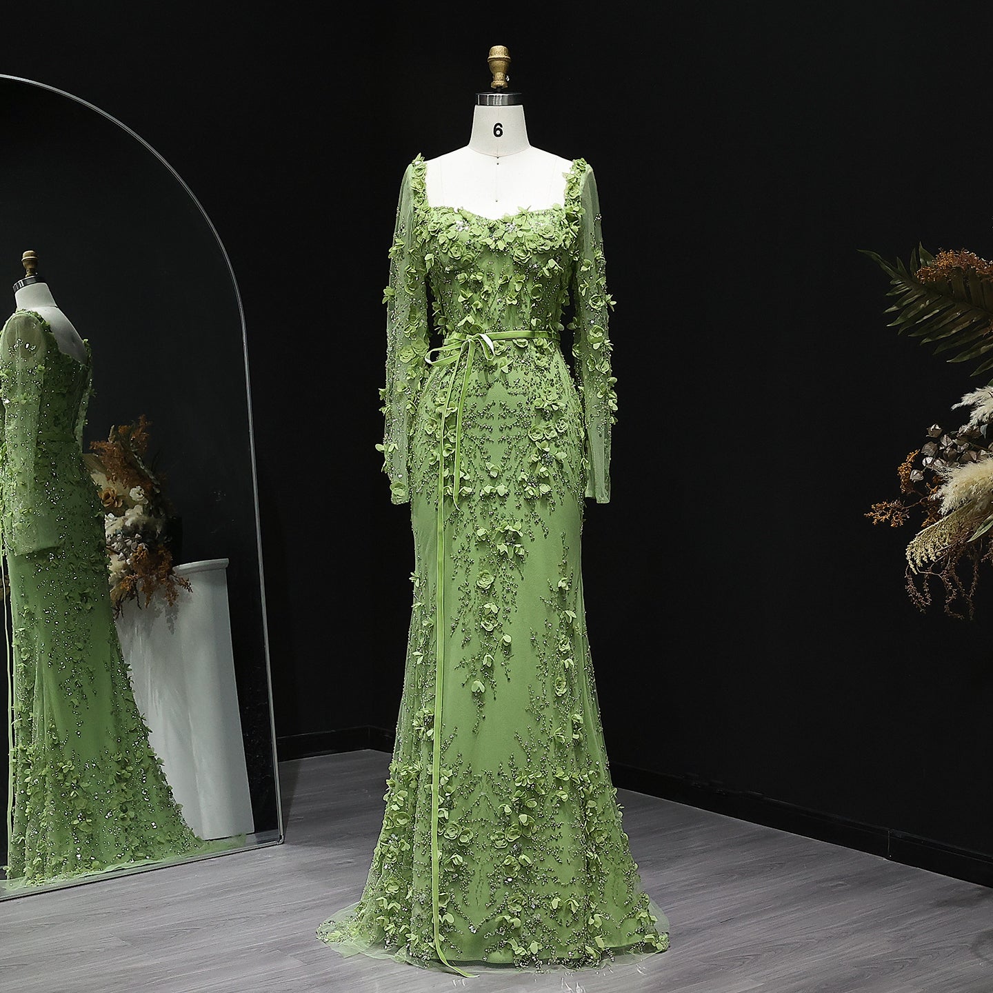 Luxury Green 3D Floral Evening Dress with Long Sleeves SS355