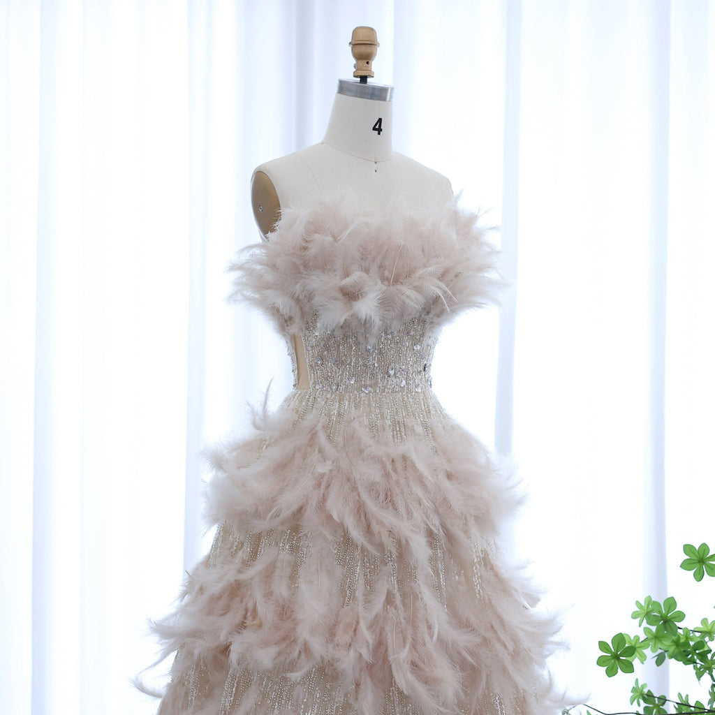 Luxury Feathers Cream A-Line Princess Ball Gown Evening Dress SS732