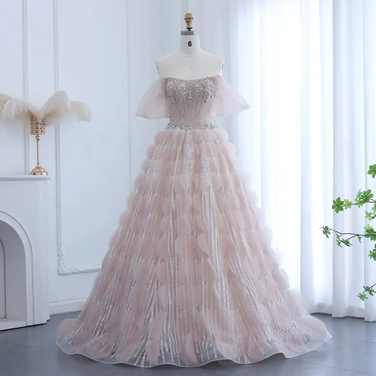 Luxury Crystal Ball Gown Blush Pink Ruffles Evening Dress SS733