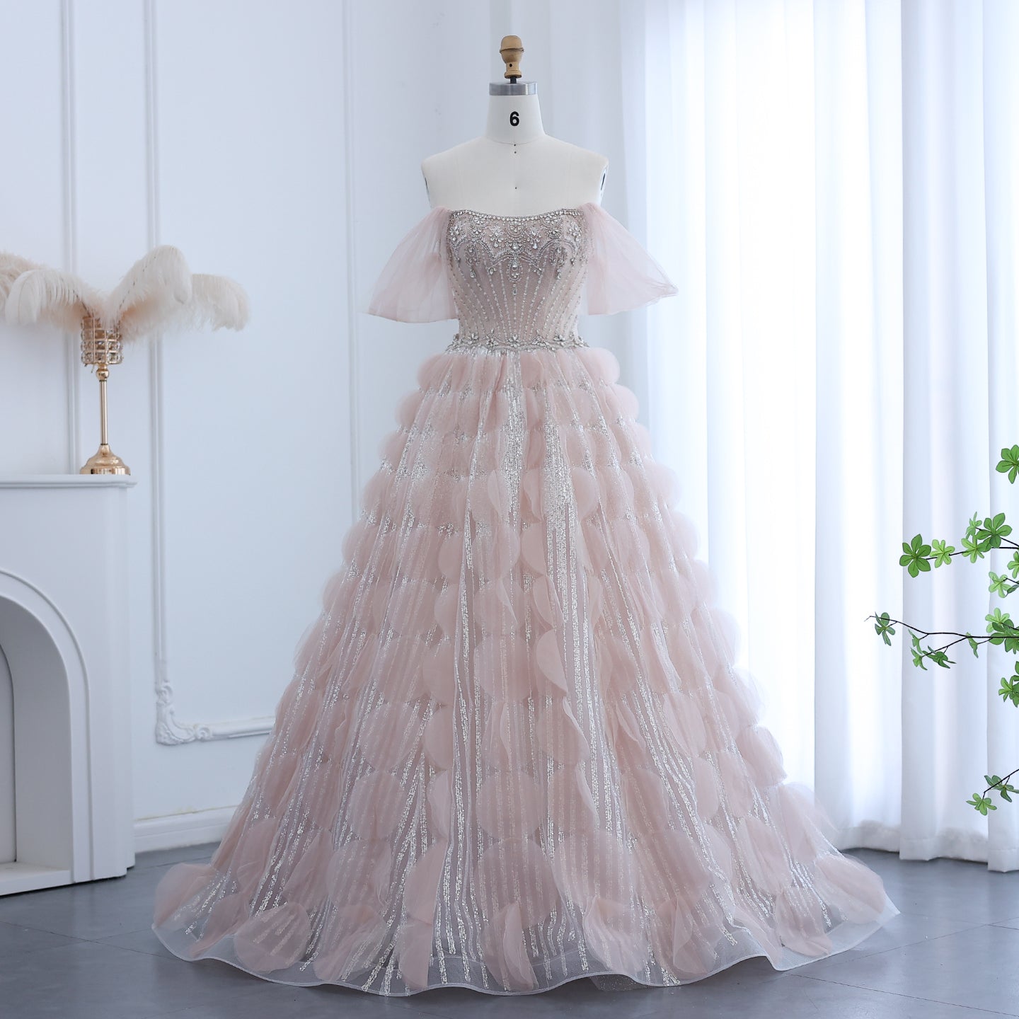 Luxury Crystal Blush Pink Off Shoulder Ruffles Evening Dress SS733