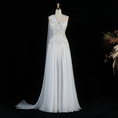 Luxury Blush Pink Beaded 3D Floral One-Shoulder Cape Evening Dress SS285
