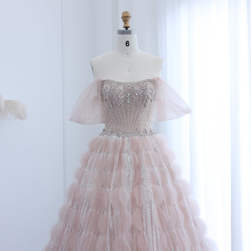 Luxury Crystal Blush Pink Off Shoulder Ruffles Evening Dress SS733