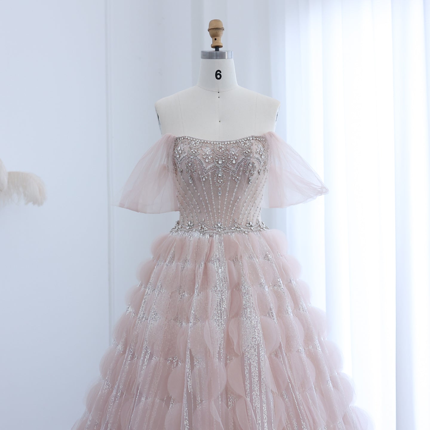 Luxury Crystal Blush Pink Off Shoulder Ruffles Evening Dress SS733