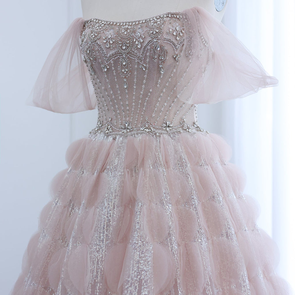 Luxury Crystal Blush Pink Off Shoulder Ruffles Evening Dress SS733