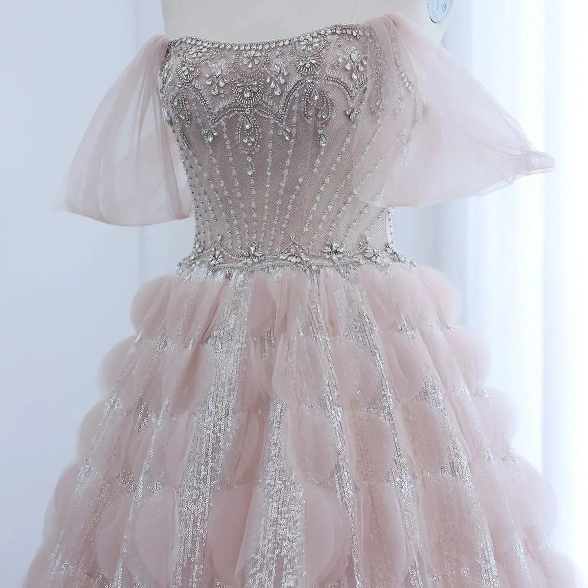 Luxury Crystal Ball Gown Blush Pink Ruffles Evening Dress SS733