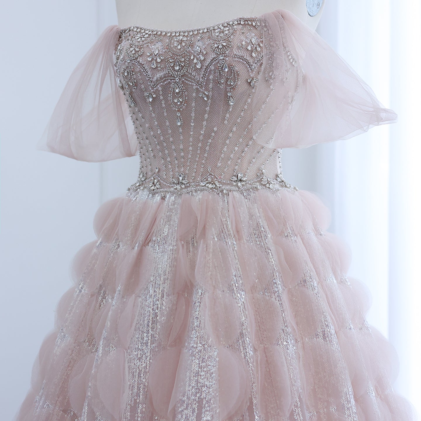Luxury Crystal Blush Pink Off Shoulder Ruffles Evening Dress SS733