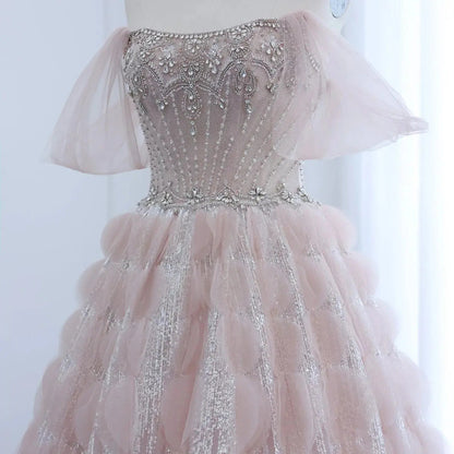Luxury Crystal Ball Gown Blush Pink Ruffles Evening Dress SS733