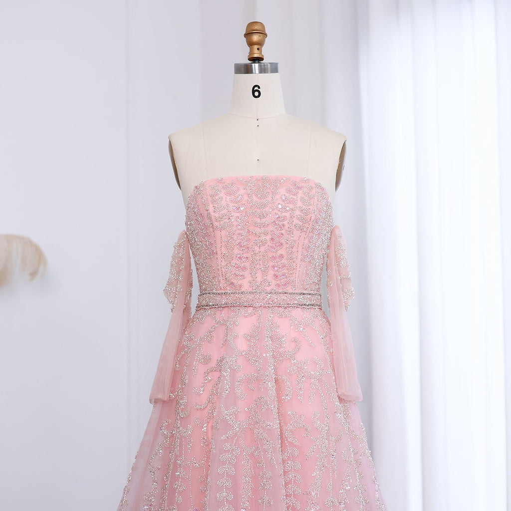 Luxury Beaded Lilac A-Line Strapless Evening Dress with Sleeves SS462