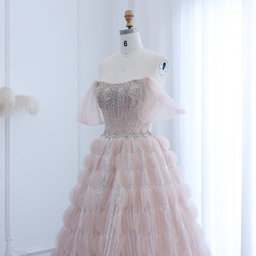 Luxury Crystal Blush Pink Off Shoulder Ruffles Evening Dress SS733