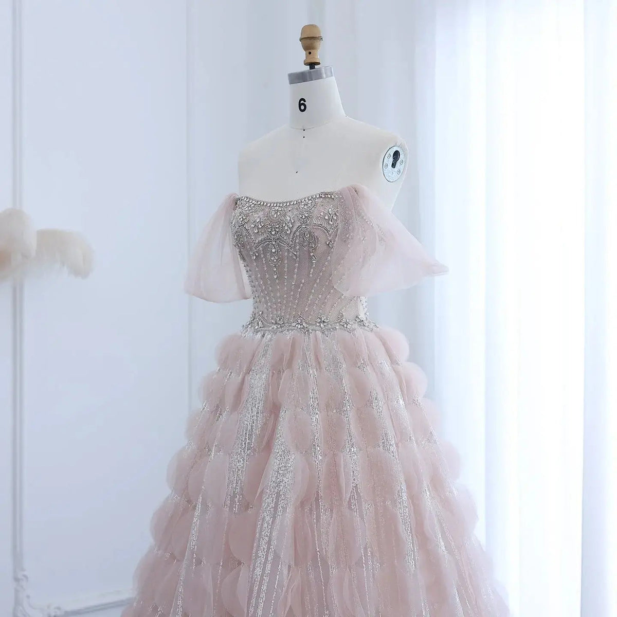Luxury Crystal Ball Gown Blush Pink Ruffles Evening Dress SS733