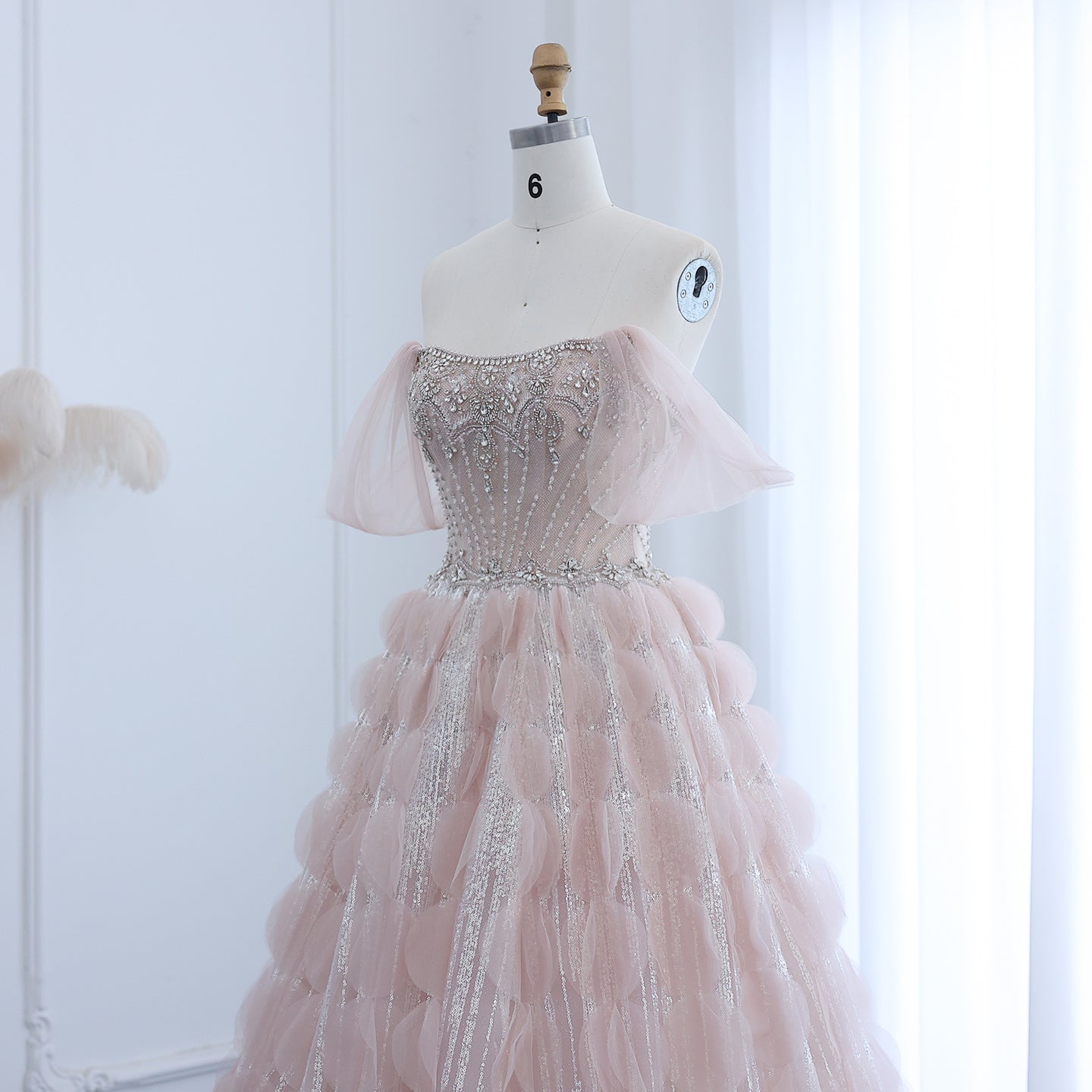 Luxury Crystal Blush Pink Off Shoulder Ruffles Evening Dress SS733