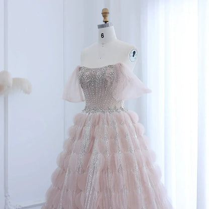 Luxury Crystal Ball Gown Blush Pink Ruffles Evening Dress SS733