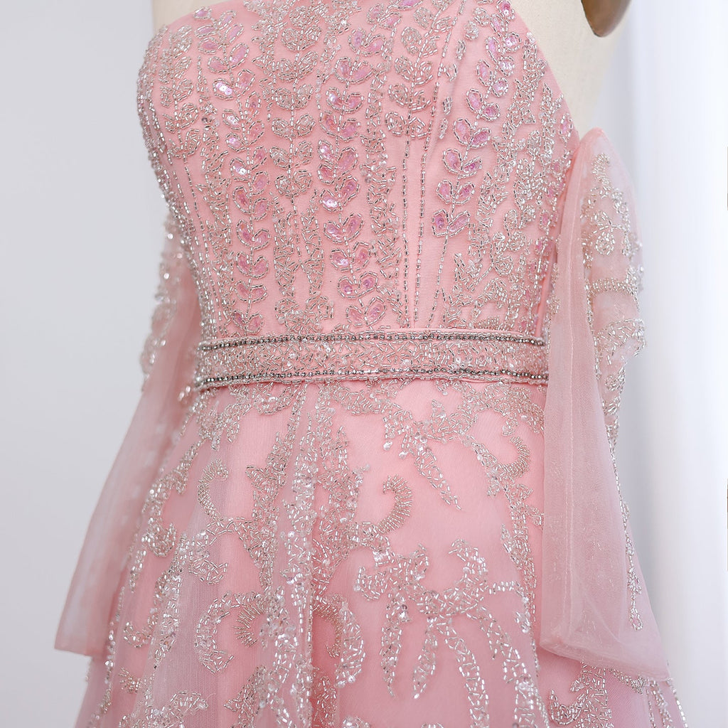 Luxury Beaded Lilac A-Line Strapless Evening Dress with Sleeves SS462