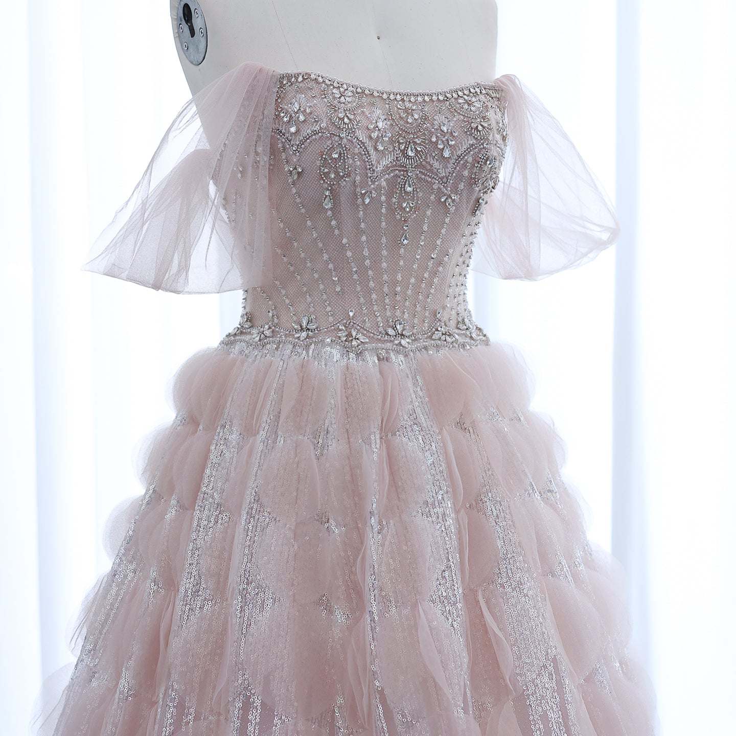 Luxury Crystal Blush Pink Off Shoulder Ruffles Evening Dress SS733