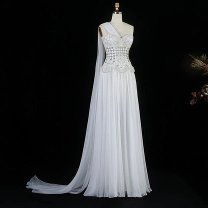 Luxury Blush Pink Beaded 3D Floral One-Shoulder Cape Evening Dress SS285