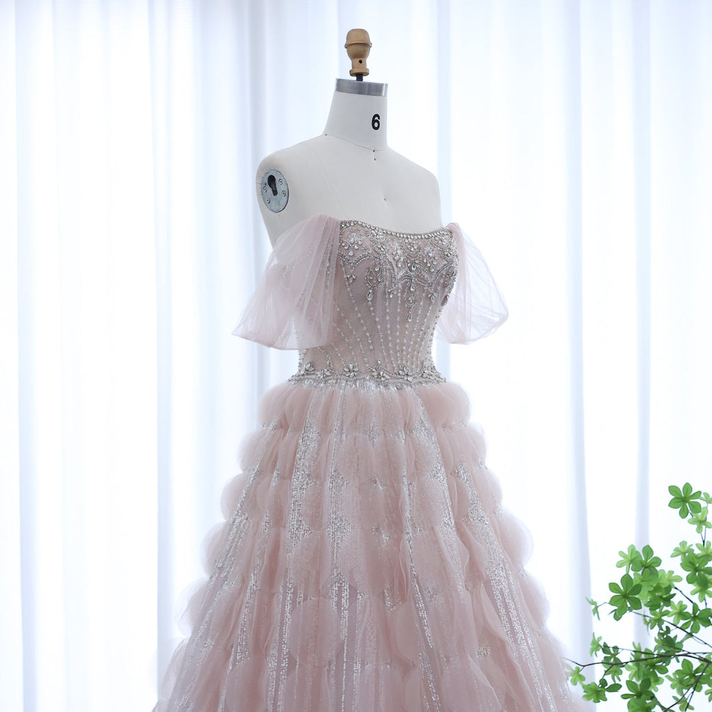Luxury Crystal Blush Pink Off Shoulder Ruffles Evening Dress SS733