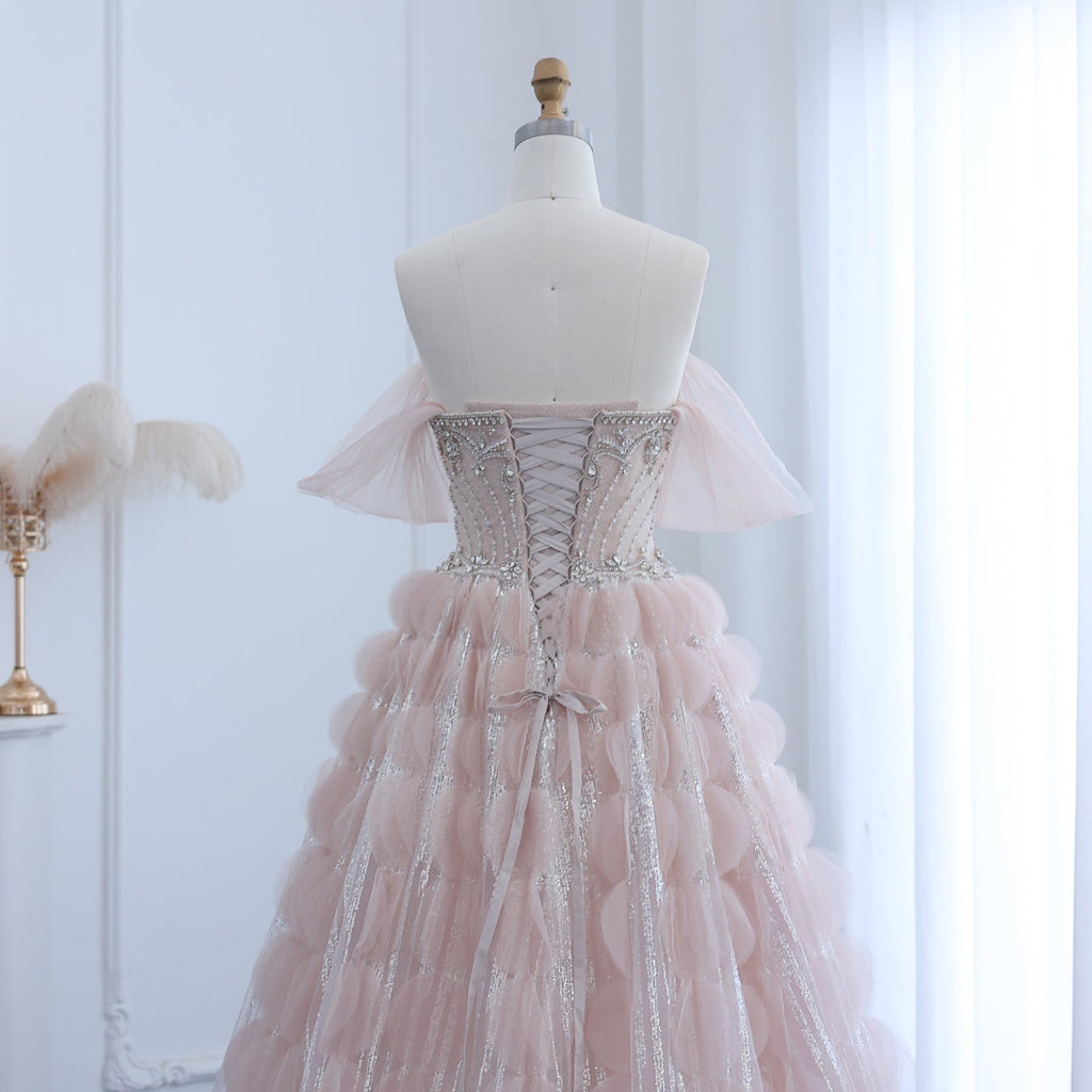 Luxury Crystal Blush Pink Off Shoulder Ruffles Evening Dress SS733