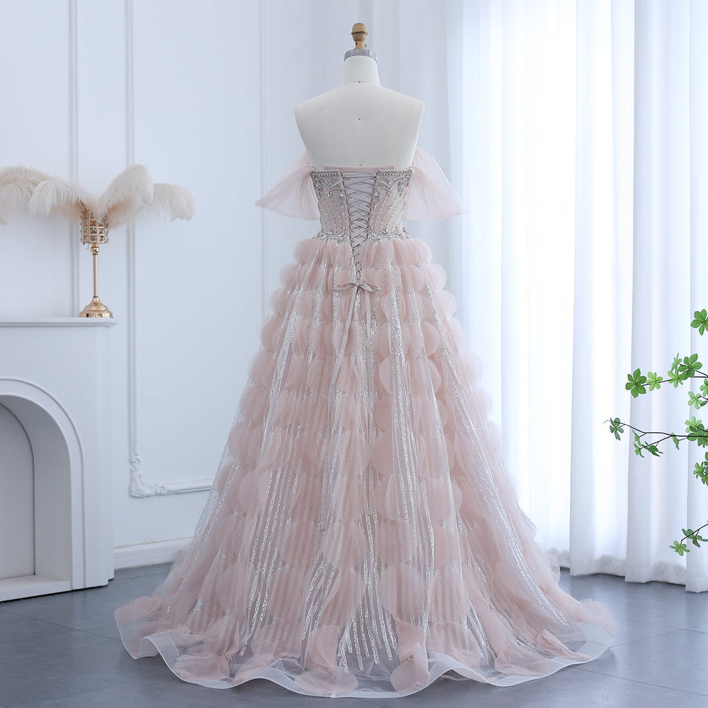 Luxury Crystal Blush Pink Off Shoulder Ruffles Evening Dress SS733