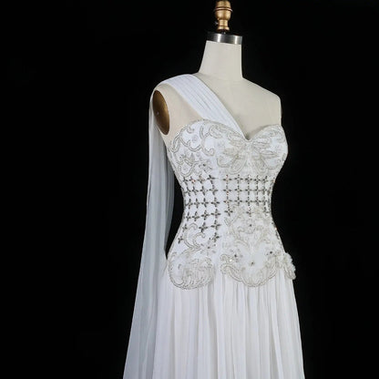 Luxury Blush Pink Beaded 3D Floral One-Shoulder Cape Evening Dress SS285