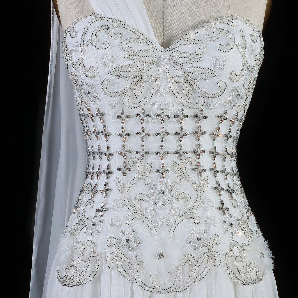 Elegant Blush Pink 3D Floral Beaded One-Shoulder Cape Evening Dress SS285