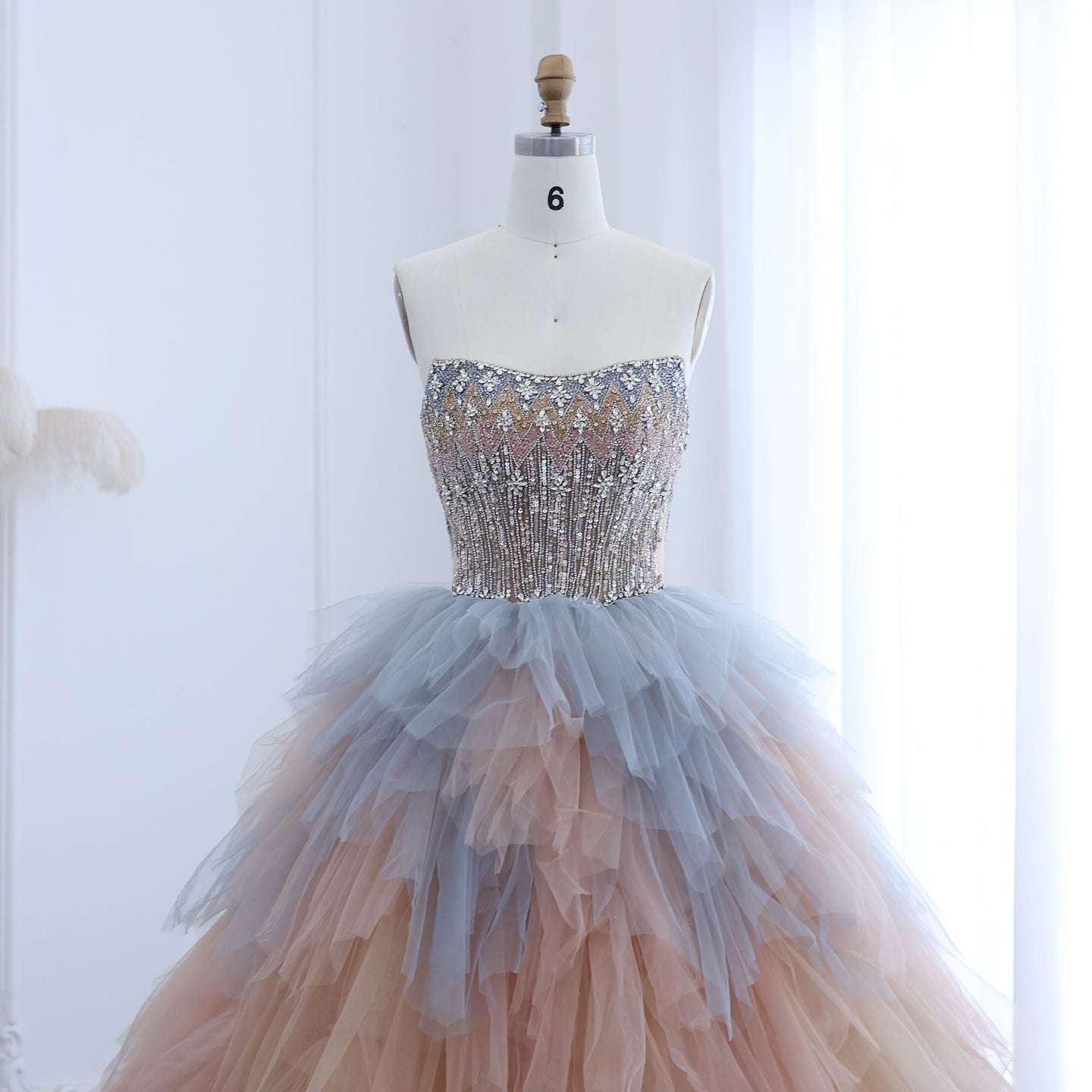 Luxury Beaded Rose Gold Blue Ruffles Princess Ball Gown Evening Dress SS731